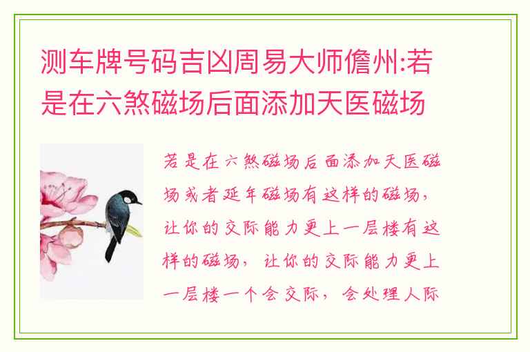 测车牌号码吉凶周易大师儋州:若是在六煞磁场后面添加天医磁场或者延年磁场