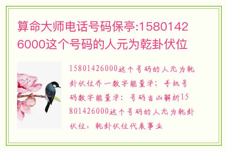 算命大师电话号码保亭:15801426000这个号码的人元为乾卦伏位