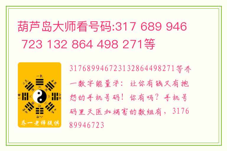 葫芦岛大师看号码:317 689 946 723 132 864 498 271等