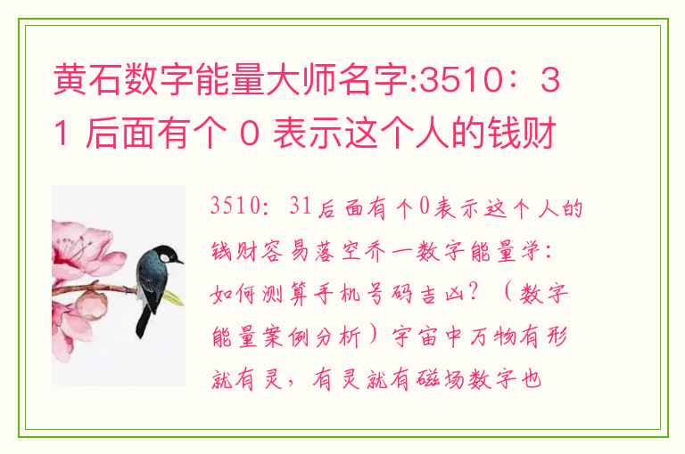 黄石数字能量大师名字:3510：31 后面有个 0 表示这个人的钱财容易落空