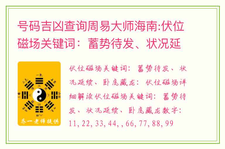 号码吉凶查询周易大师海南:伏位磁场关键词：蓄势待发、状况延续、卧虎藏龙