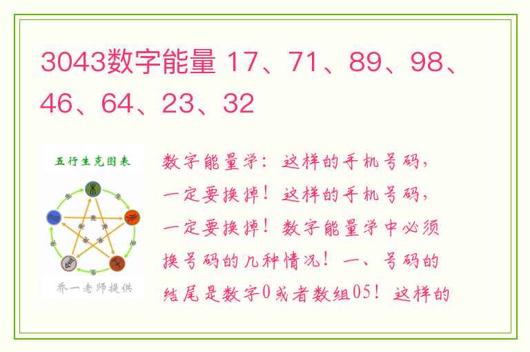 3043数字能量 17、71、89、98、46、64、23、32