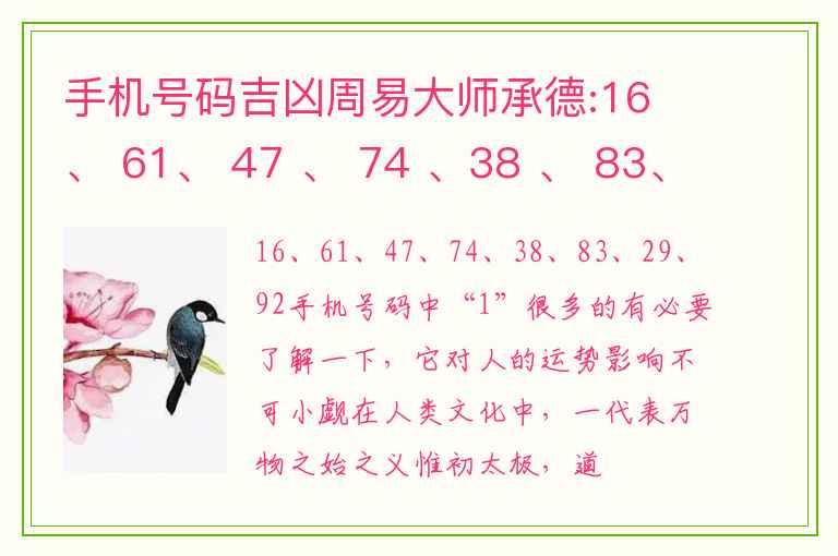 手机号码吉凶周易大师承德:16 、 61、 47 、 74 、38 、 83、 29 、 92