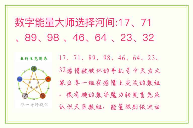 数字能量大师选择河间:17、71 、89、98 、46、64 、23、32