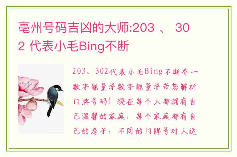 亳州号码吉凶的大师:203 、 302 代表小毛Bing不断