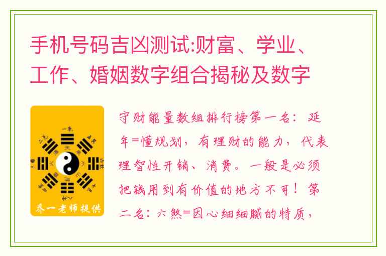 手机号码吉凶测试:财富、学业、工作、婚姻数字组合揭秘及数字组合排行