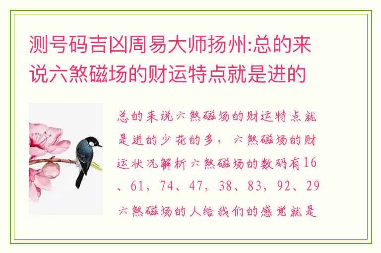 测号码吉凶周易大师扬州:总的来说六煞磁场的财运特点就是进的少花的多