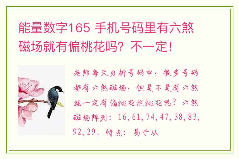 能量数字165 手机号码里有六煞磁场就有偏桃花吗？不一定！