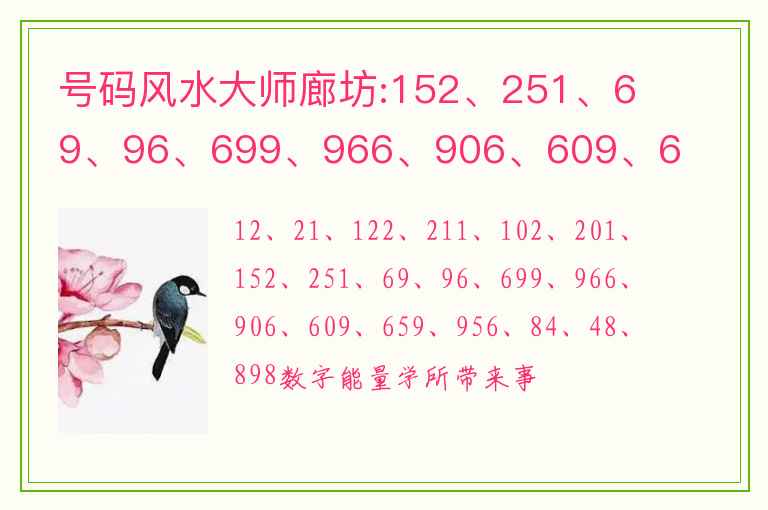 号码风水大师廊坊:152、251、69、96、699、966、906、609、659、956、84、48、898