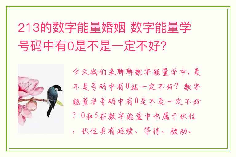 213的数字能量婚姻 数字能量学号码中有0是不是一定不好？