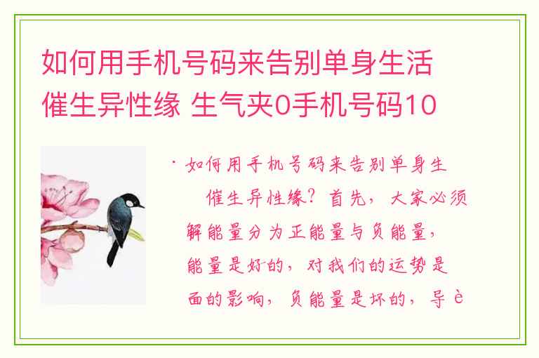 如何用手机号码来告别单身生活催生异性缘 生气夹0手机号码104706903802的含义