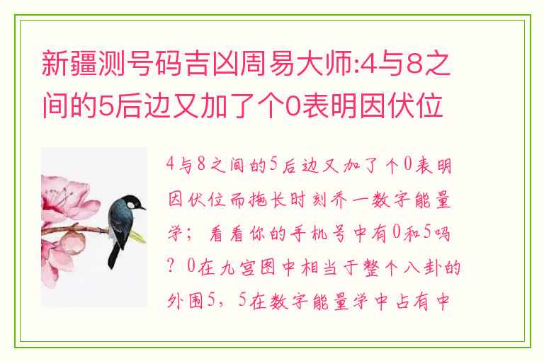 新疆测号码吉凶周易大师:4与8之间的5后边又加了个0表明因伏位而拖长时刻