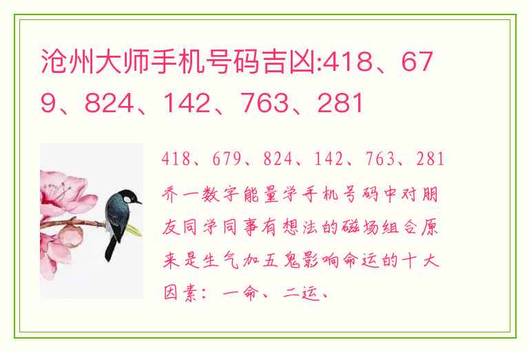 沧州大师手机号码吉凶:418、679、824、142、763、281