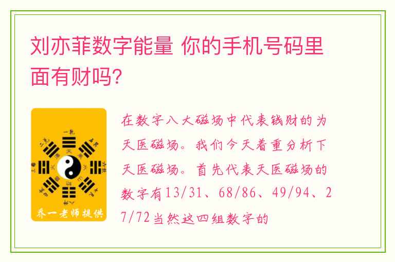 刘亦菲数字能量 你的手机号码里面有财吗？