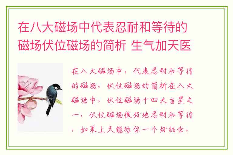 在八大磁场中代表忍耐和等待的磁场伏位磁场的简析 生气加天医 数字能量手机号码测吉凶磁场详解