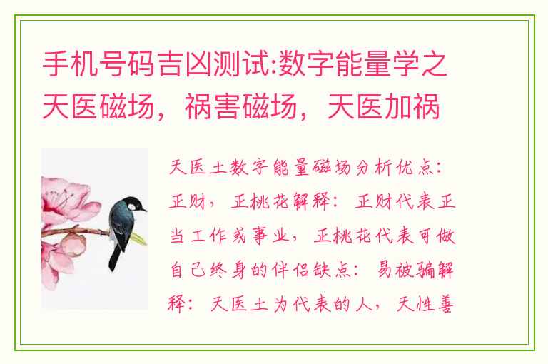 手机号码吉凶测试:数字能量学之天医磁场，祸害磁场，天医加祸害磁场解析