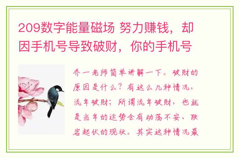 209数字能量磁场 努力赚钱，却因手机号导致破财，你的手机号破财吗？