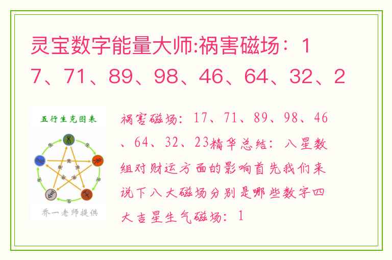 灵宝数字能量大师:祸害磁场：17、71、89、98、46、64、32、23