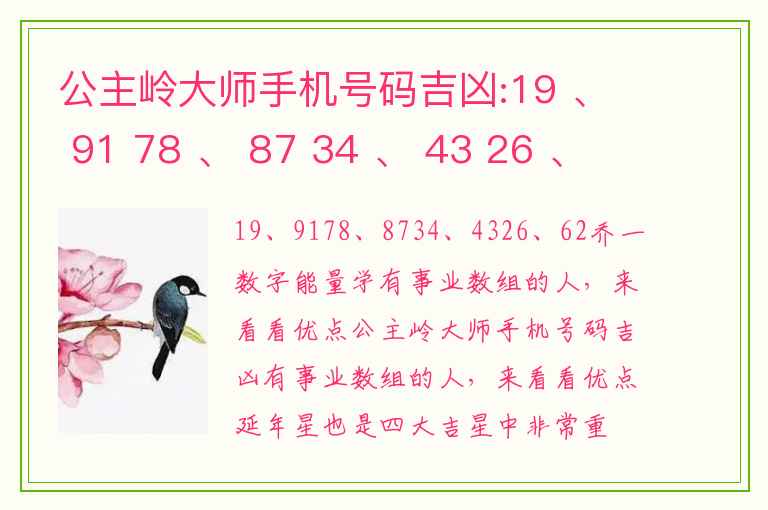 公主岭大师手机号码吉凶:19 、 91 78 、 87 34 、 43 26 、 62