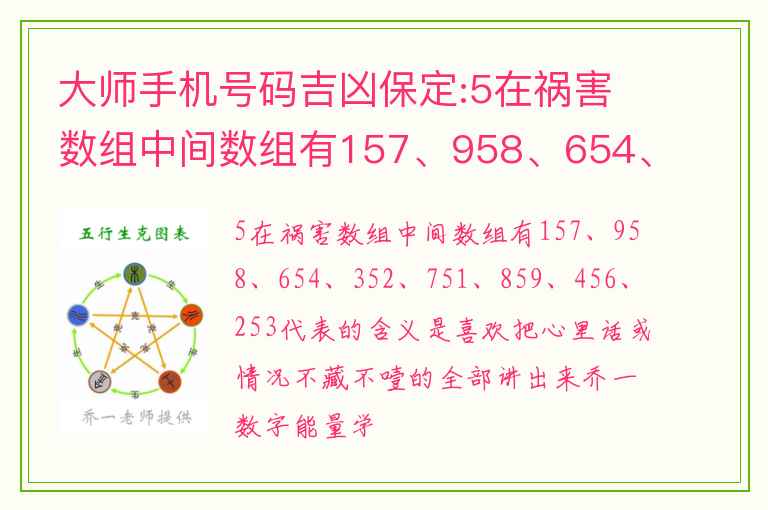 大师手机号码吉凶保定:5在祸害数组中间数组有157、958、654、352、751、859、456、253代表的含义是喜欢把心里话或情况不藏不噎的全部讲出来