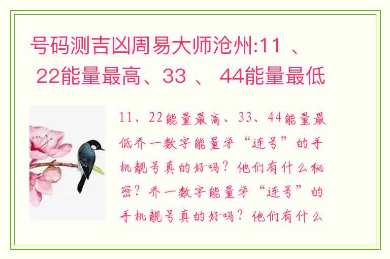 号码测吉凶周易大师沧州:11 、 22能量最高、33 、 44能量最低