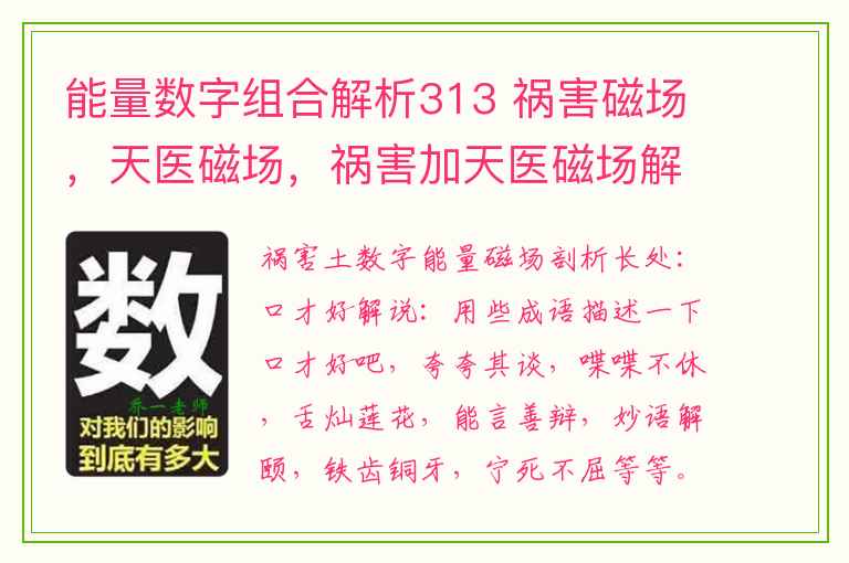 能量数字组合解析313 祸害磁场，天医磁场，祸害加天医磁场解析