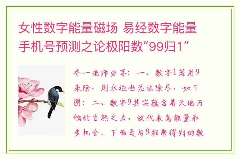 女性数字能量磁场 易经数字能量手机号预测之论极阳数″99归1″