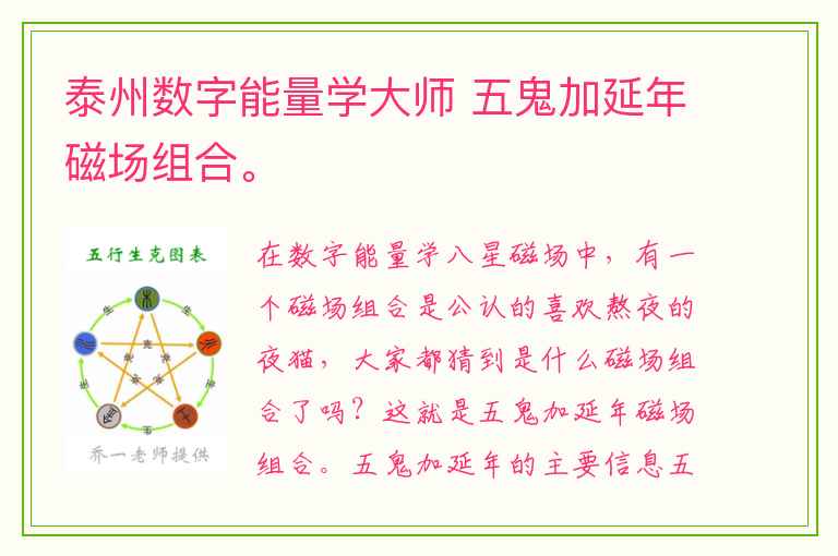 泰州数字能量学大师 五鬼加延年磁场组合。