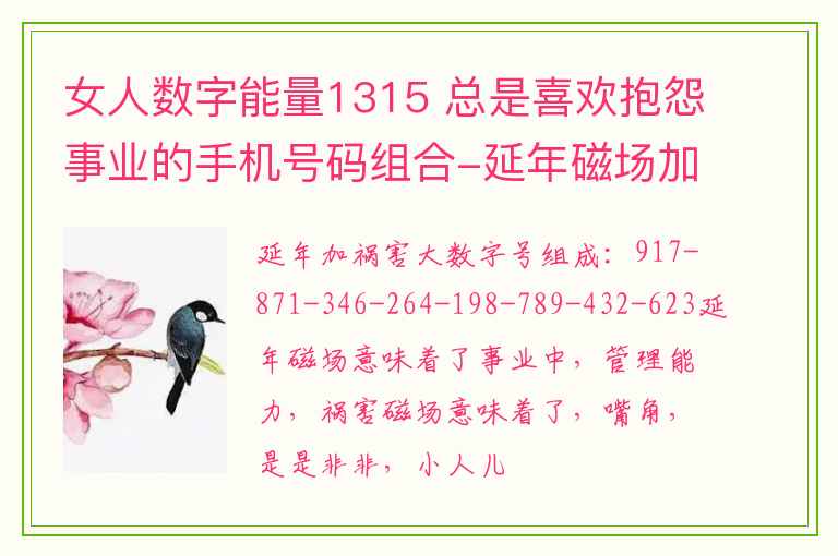 女人数字能量1315 总是喜欢抱怨事业的手机号码组合-延年磁场加祸害磁场