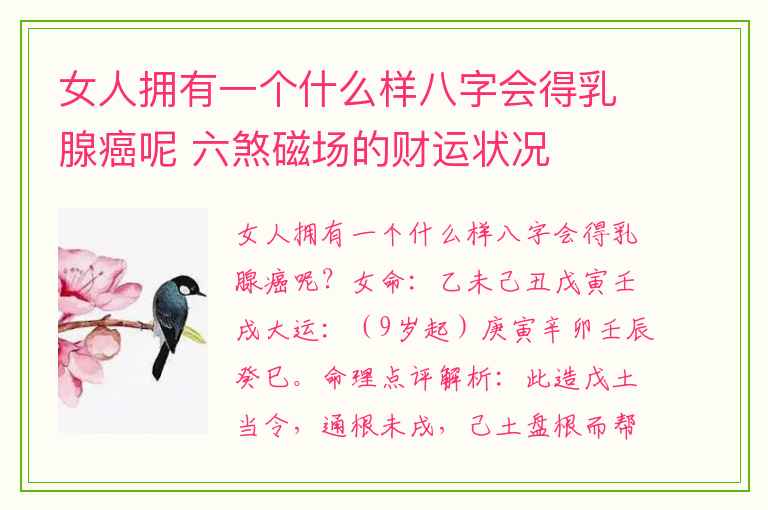女人拥有一个什么样八字会得乳腺癌呢 六煞磁场的财运状况