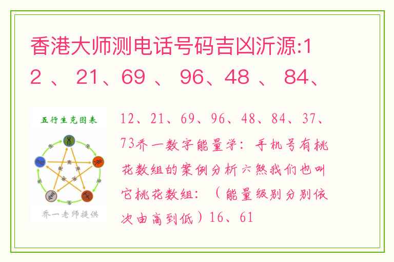 香港大师测电话号码吉凶沂源:12 、 21、69 、 96、48 、 84、37 、 73