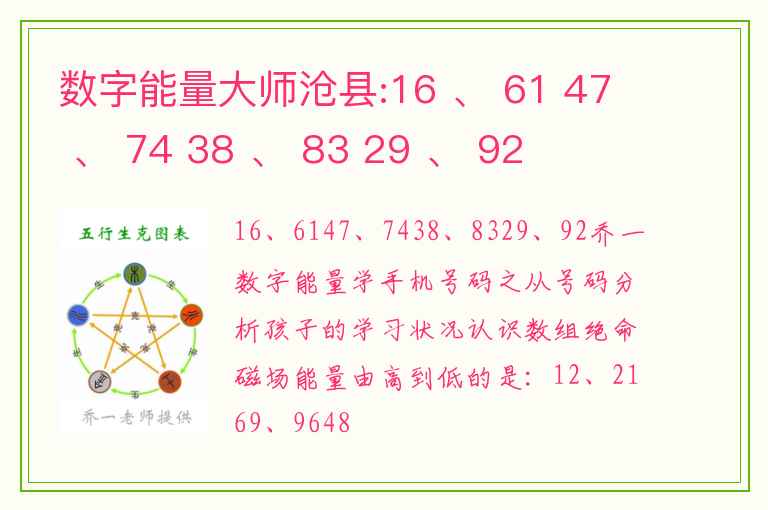 数字能量大师沧县:16 、 61 47 、 74 38 、 83 29 、 92