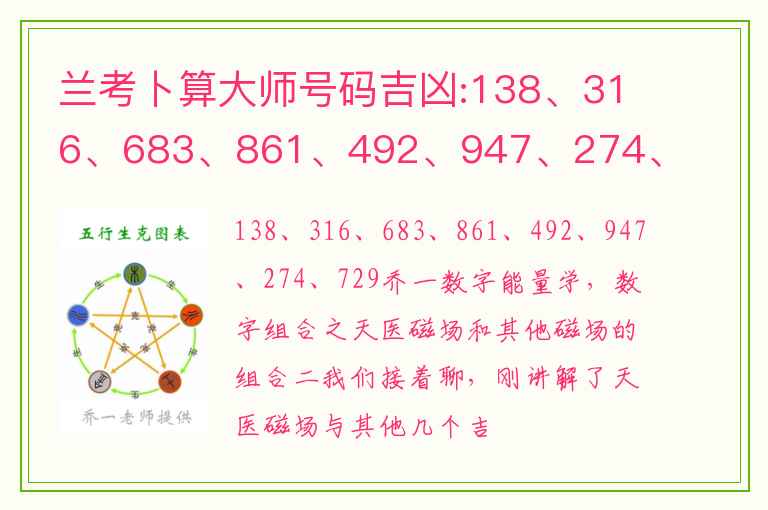 兰考卜算大师号码吉凶:138、316、683、861、492、947、274、729